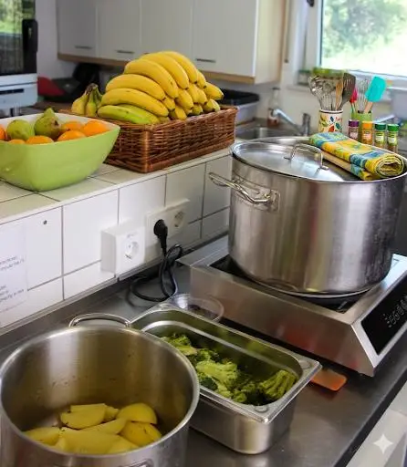 School kitchen counter with fresh fruit and pots for meal preparation